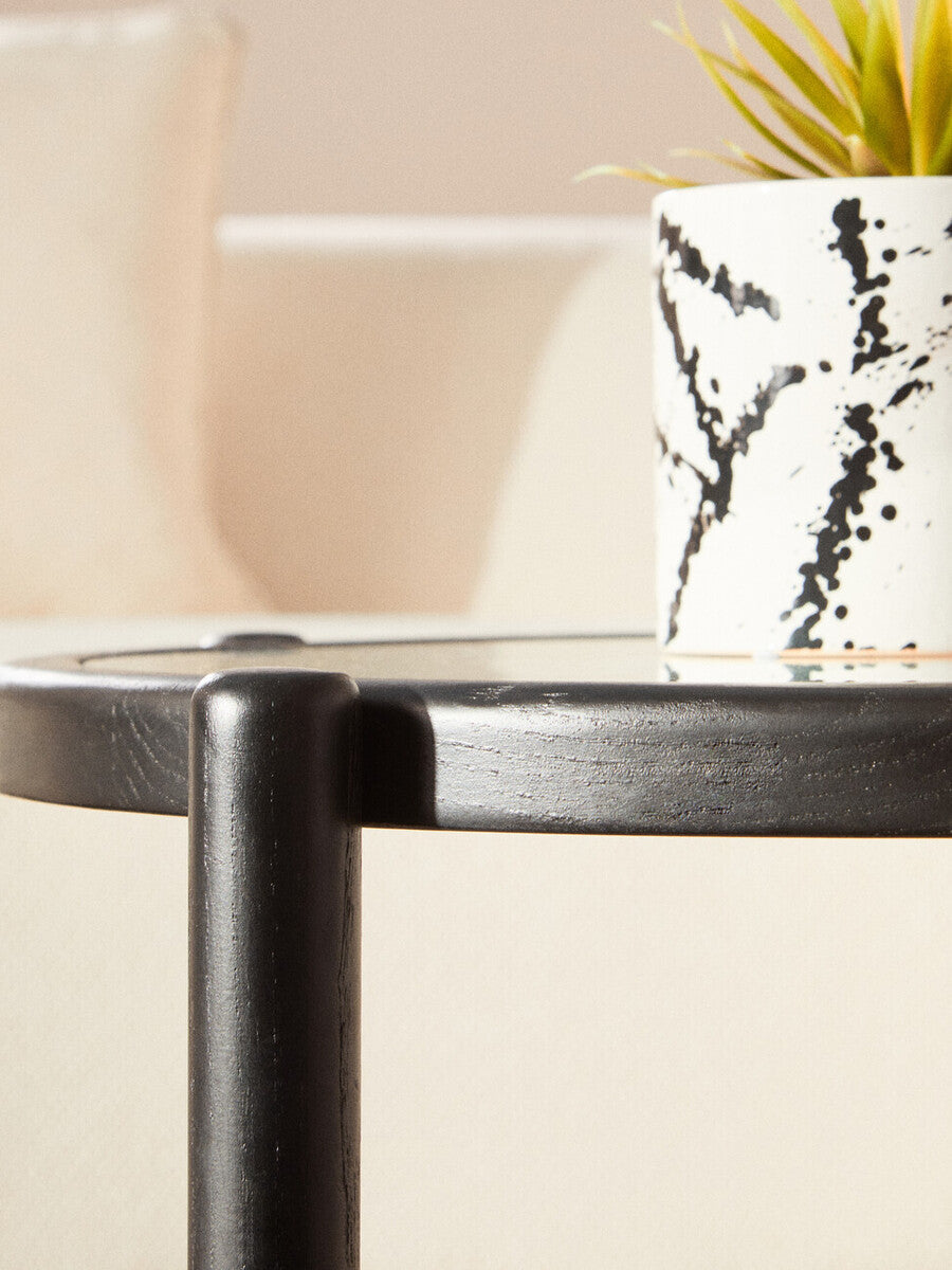 Orsina Cebu Rattan and Glass Coffee Table – Black Wood Frame