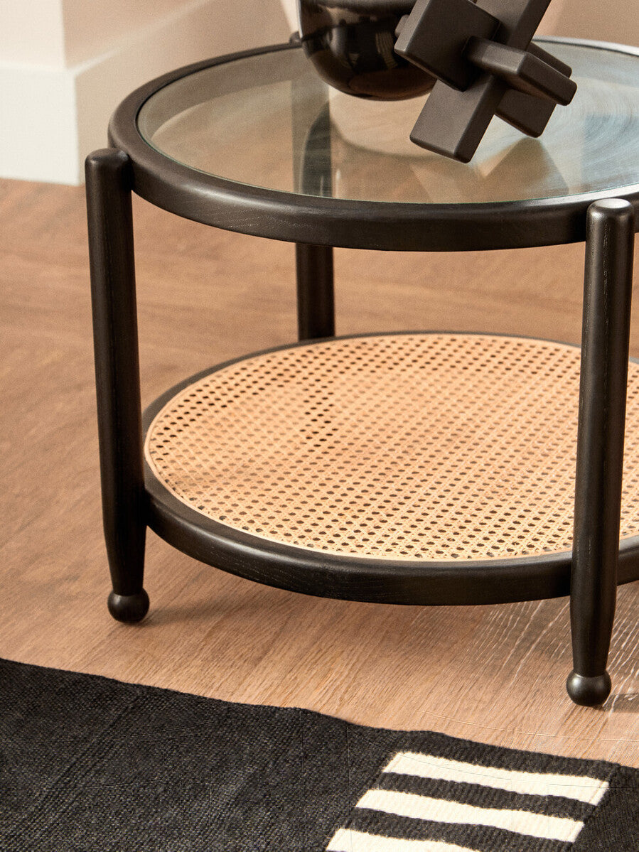 Orsina Cebu Rattan and Glass Coffee Table – Black Wood Frame