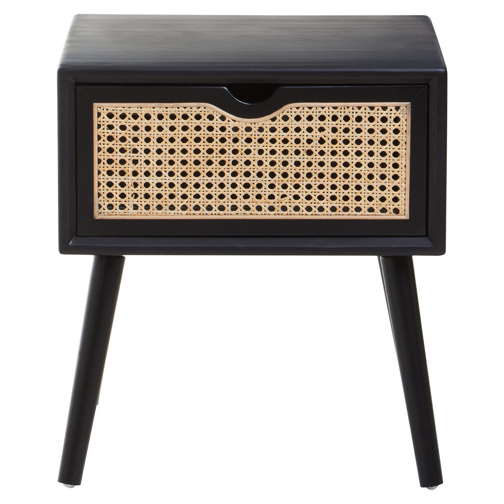 Orsina Cebu Black Elm Wood Side Table – Rattan Drawer Nightstand