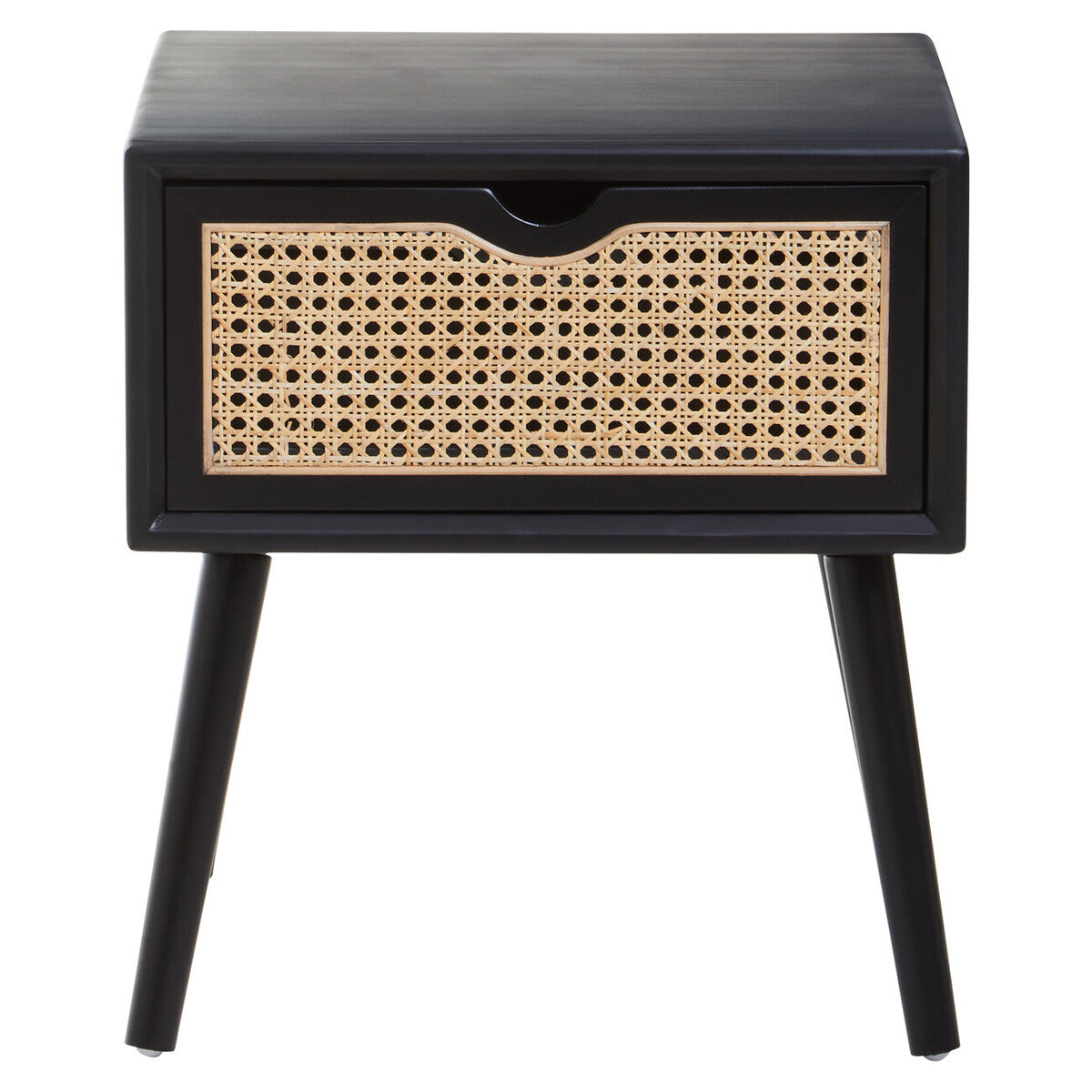 Orsina Cebu Black Elm Wood Side Table – Rattan Drawer Nightstand