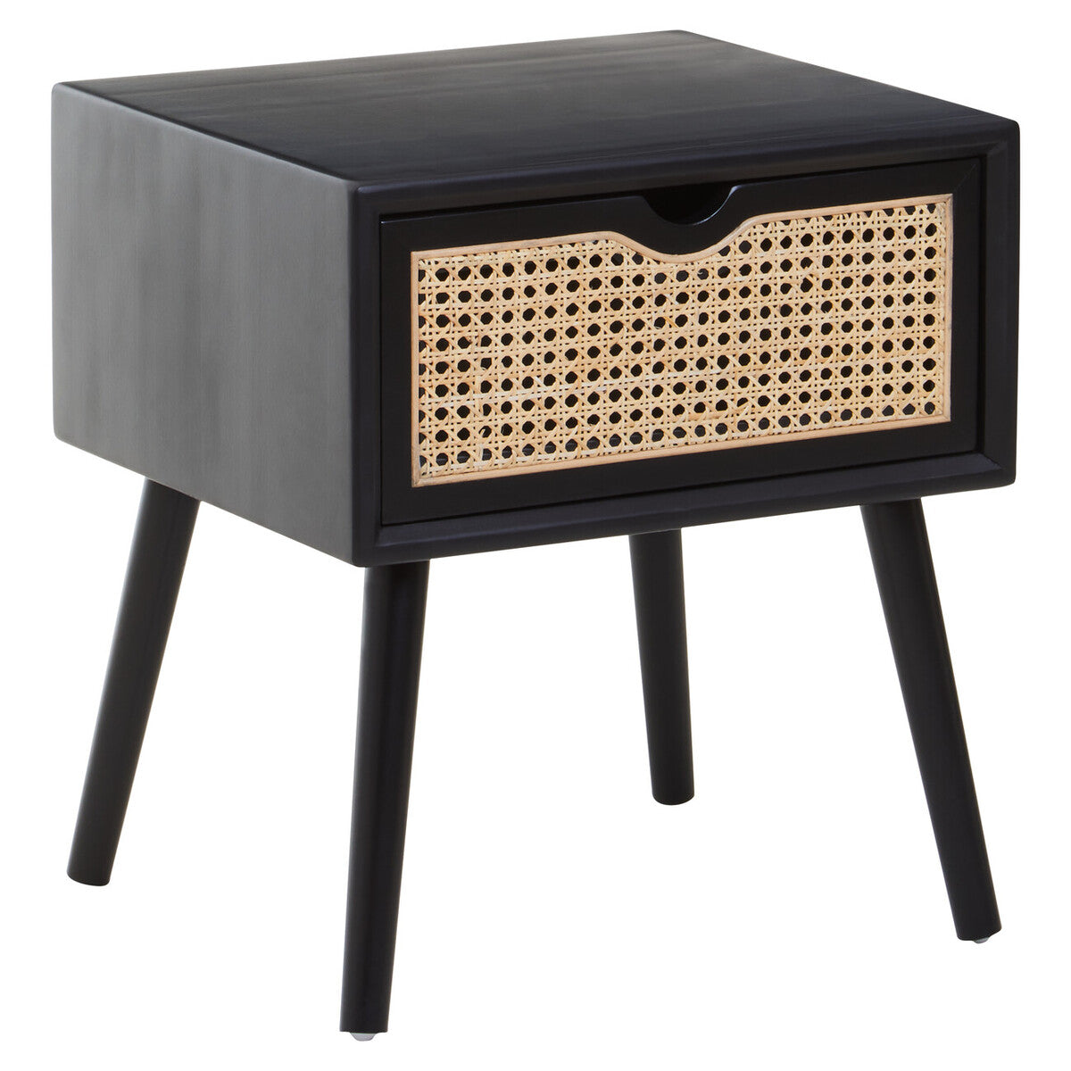 Orsina Cebu Black Elm Wood Side Table – Rattan Drawer Nightstand
