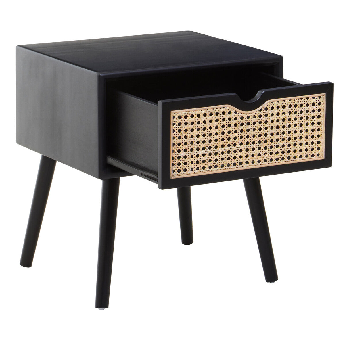 Orsina Cebu Black Elm Wood Side Table – Rattan Drawer Nightstand