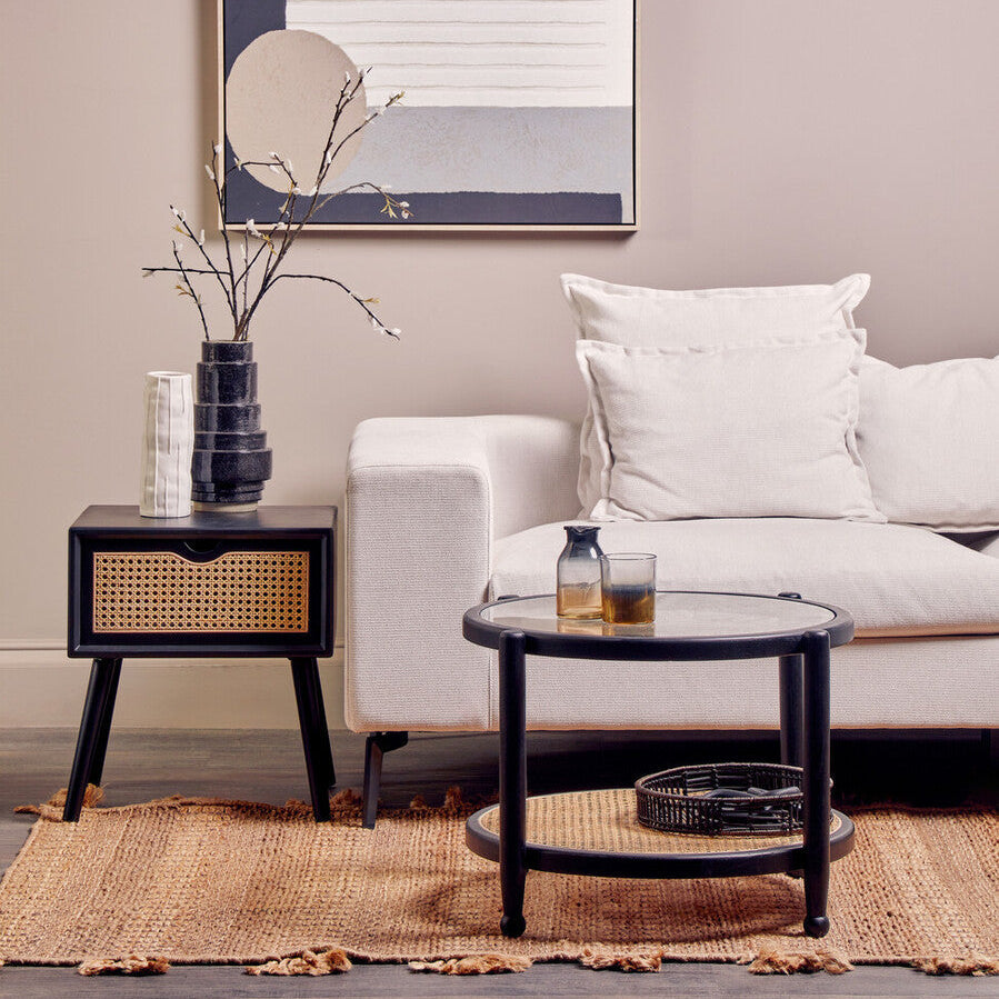 Orsina Cebu Black Elm Wood Side Table – Rattan Drawer Nightstand