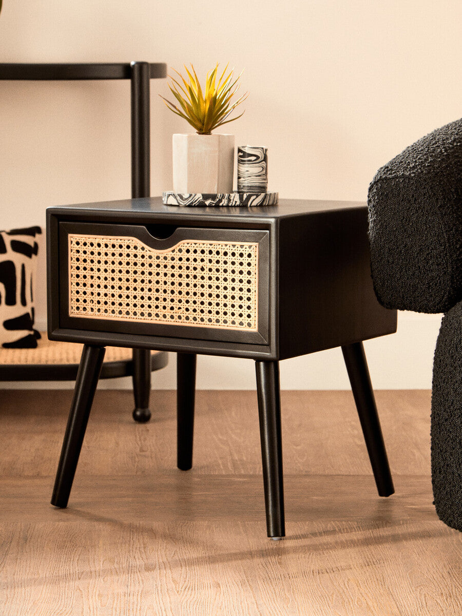 Orsina Cebu Black Elm Wood Side Table – Rattan Drawer Nightstand