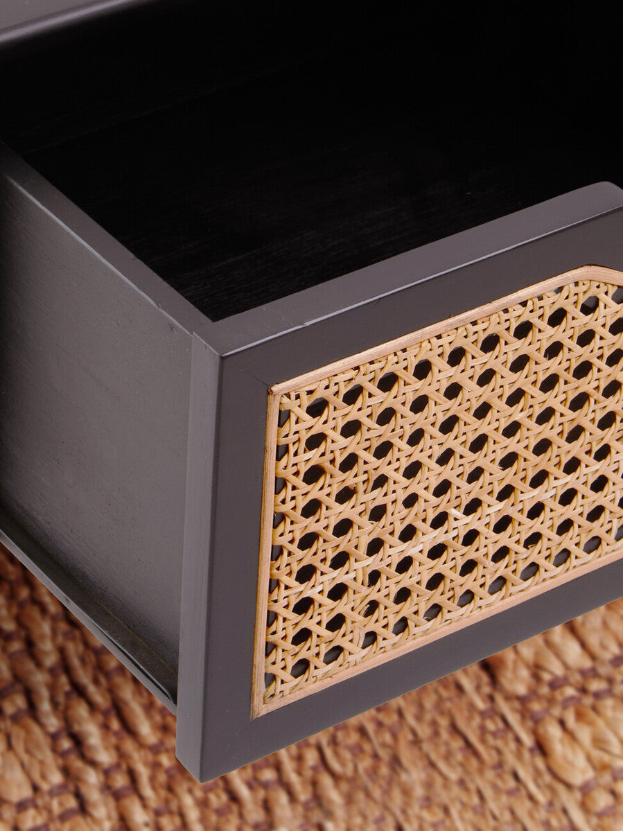Orsina Cebu Black Elm Wood Side Table – Rattan Drawer Nightstand