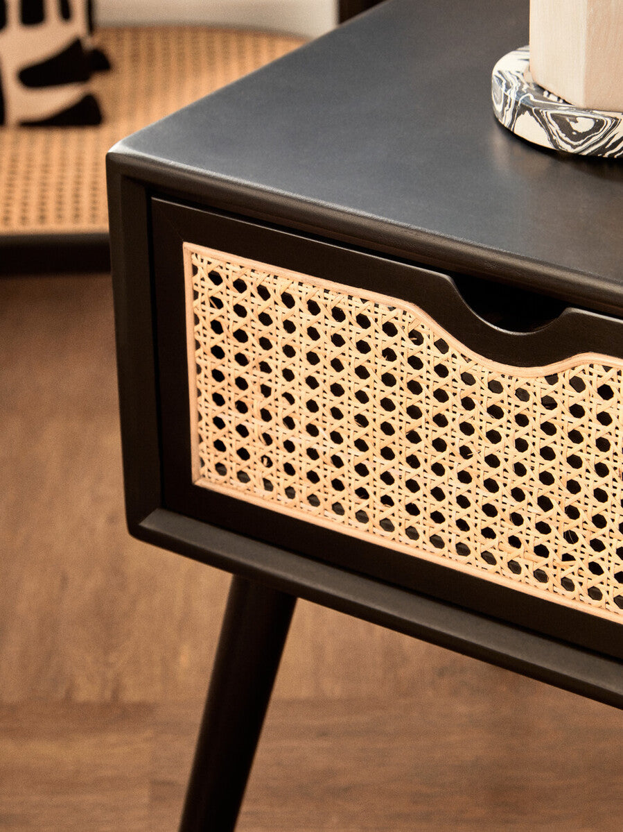 Orsina Cebu Black Elm Wood Side Table – Rattan Drawer Nightstand
