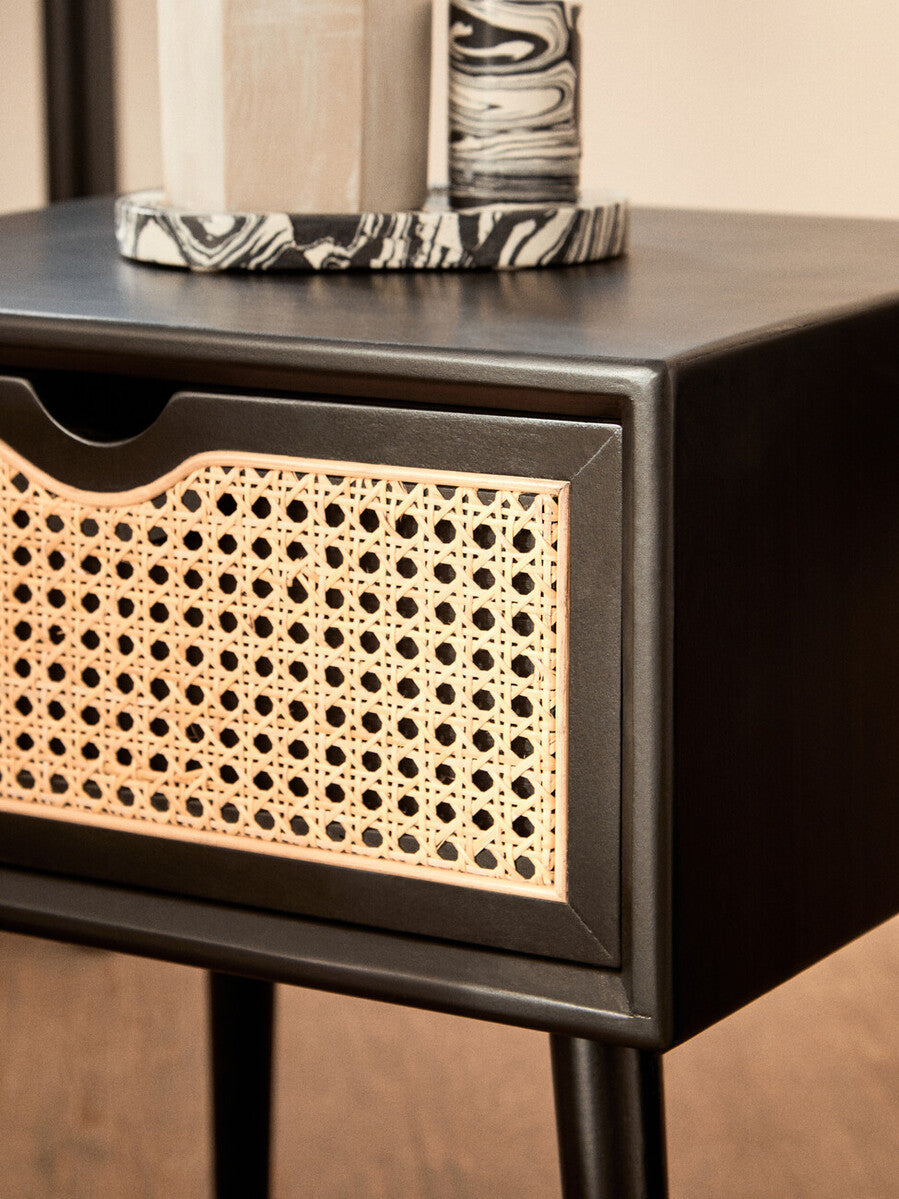 Orsina Cebu Black Elm Wood Side Table – Rattan Drawer Nightstand