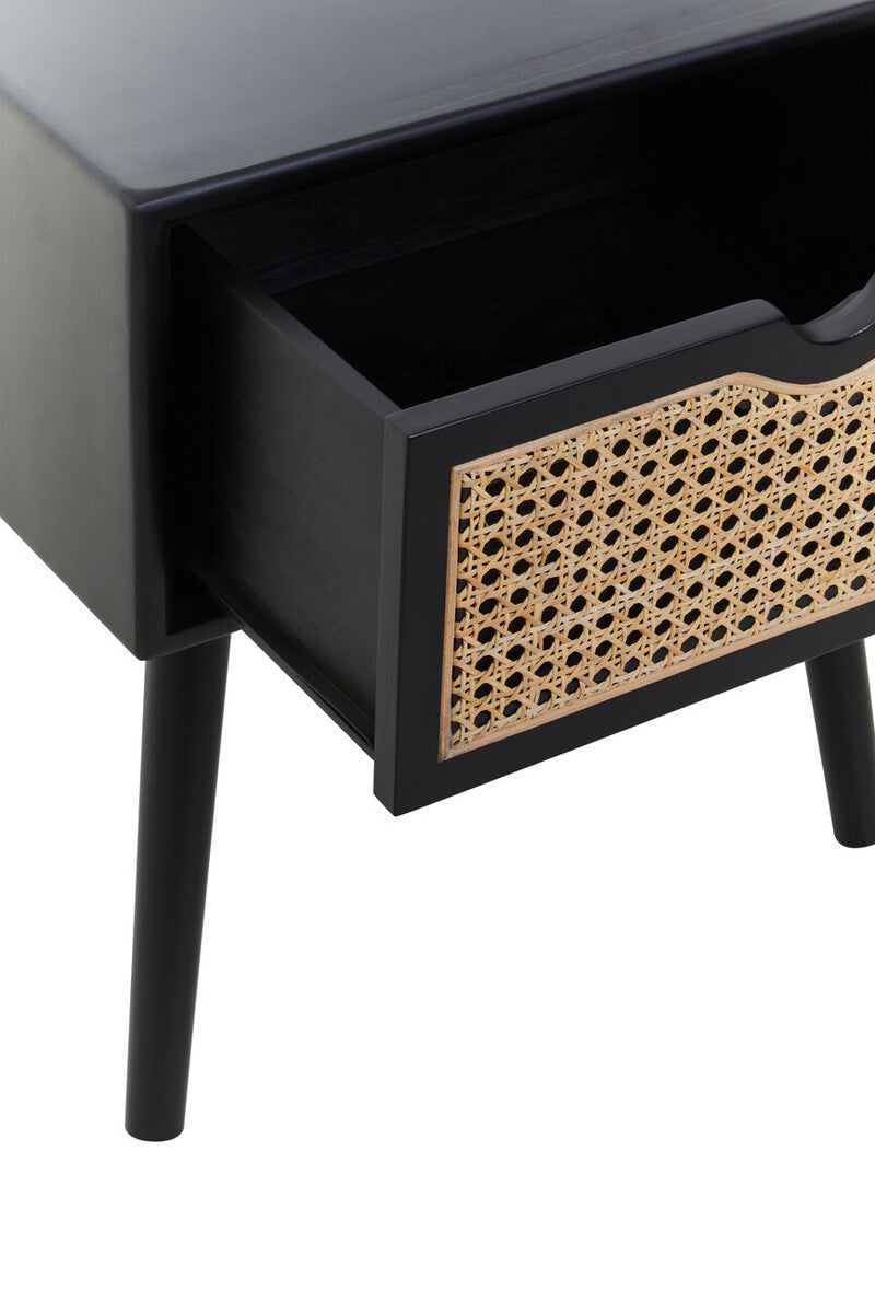 Orsina Cebu Black Elm Wood Side Table – Rattan Drawer Nightstand