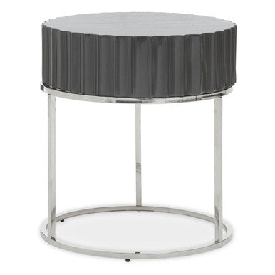 Orsina Genoa Round Side Table – Grey Gloss Fluted Top & Silver Frame