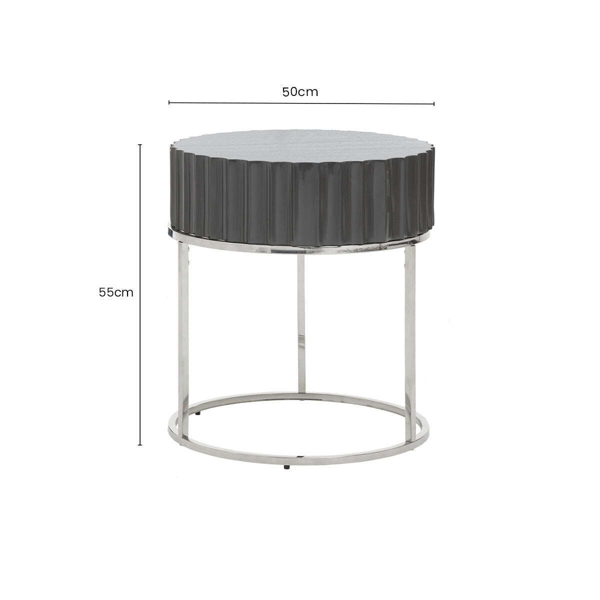 Orsina Genoa Round Side Table – Grey Gloss Fluted Top & Silver Frame