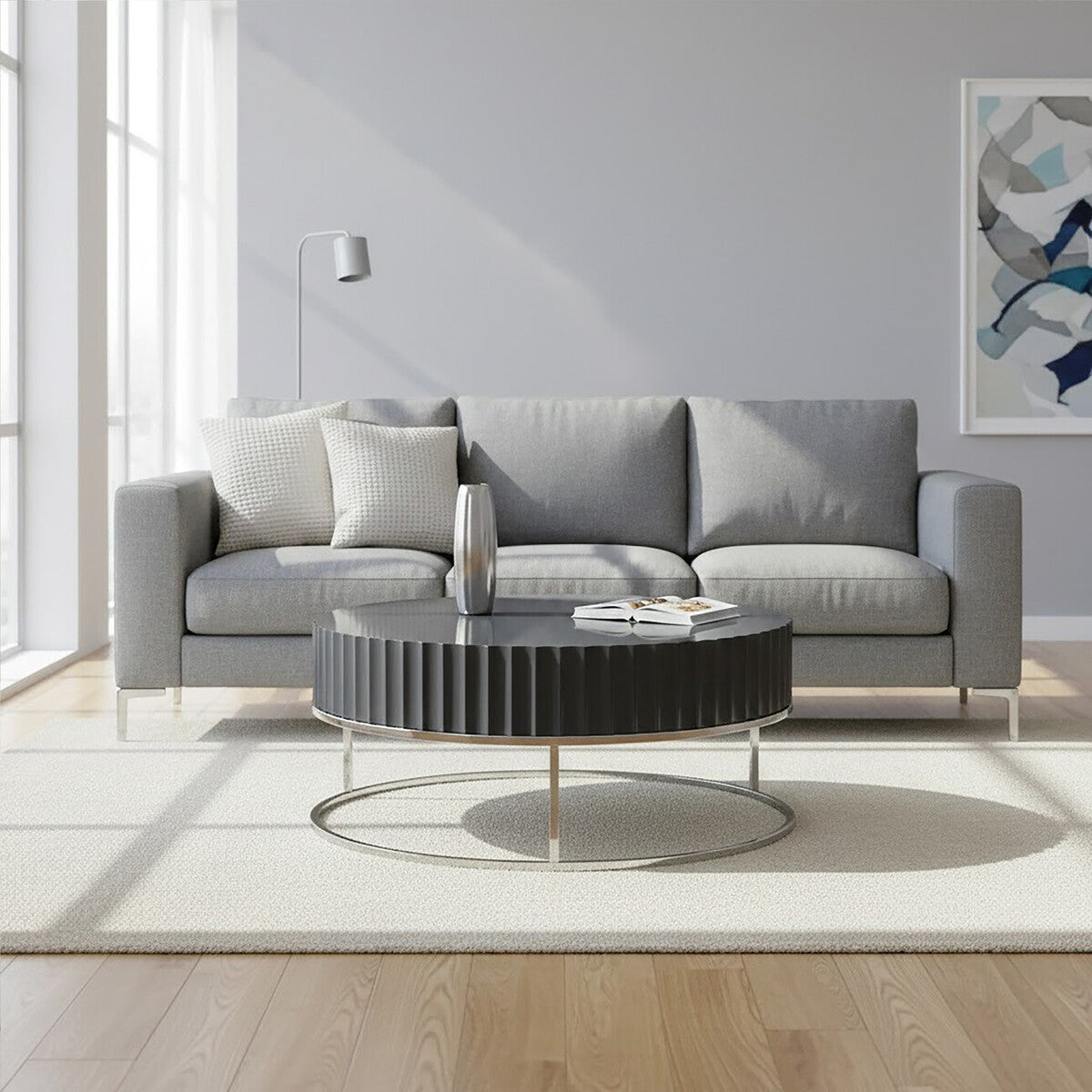 Orsina Genoa Grey Gloss Coffee Table with Fluted Detail & Steel Base