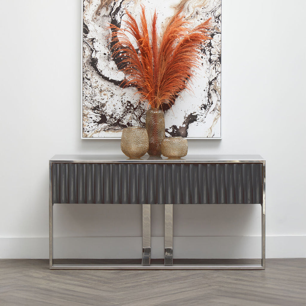 Orsina Genoa Grey Gloss Console Table – Fluted 2-Drawer Silver Frame