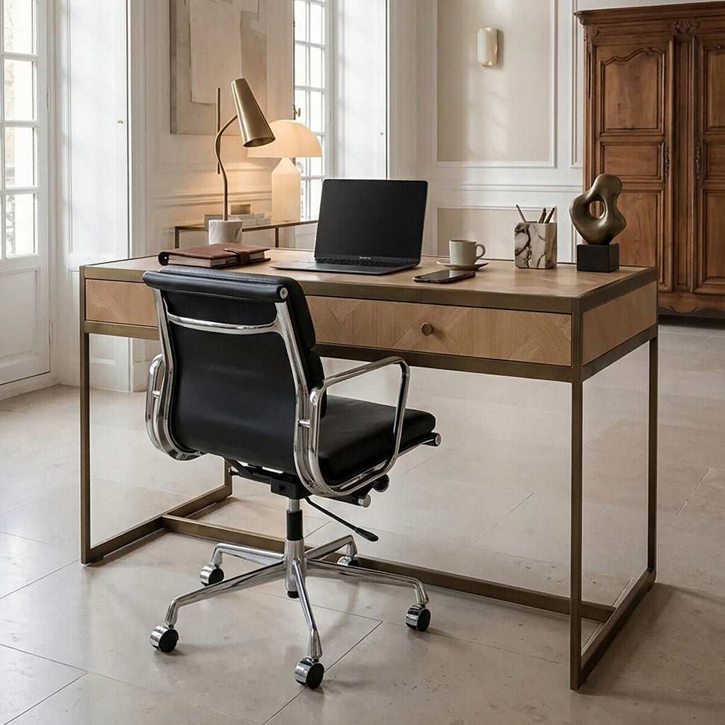 Orsina Grenoble Oak Veneer 2 Drawer Desk | Brushed Brass Frame