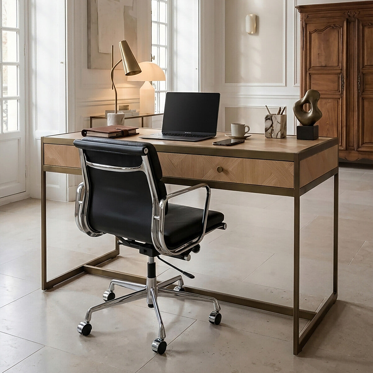 Orsina Grenoble Oak Veneer 2 Drawer Desk | Brushed Brass Frame