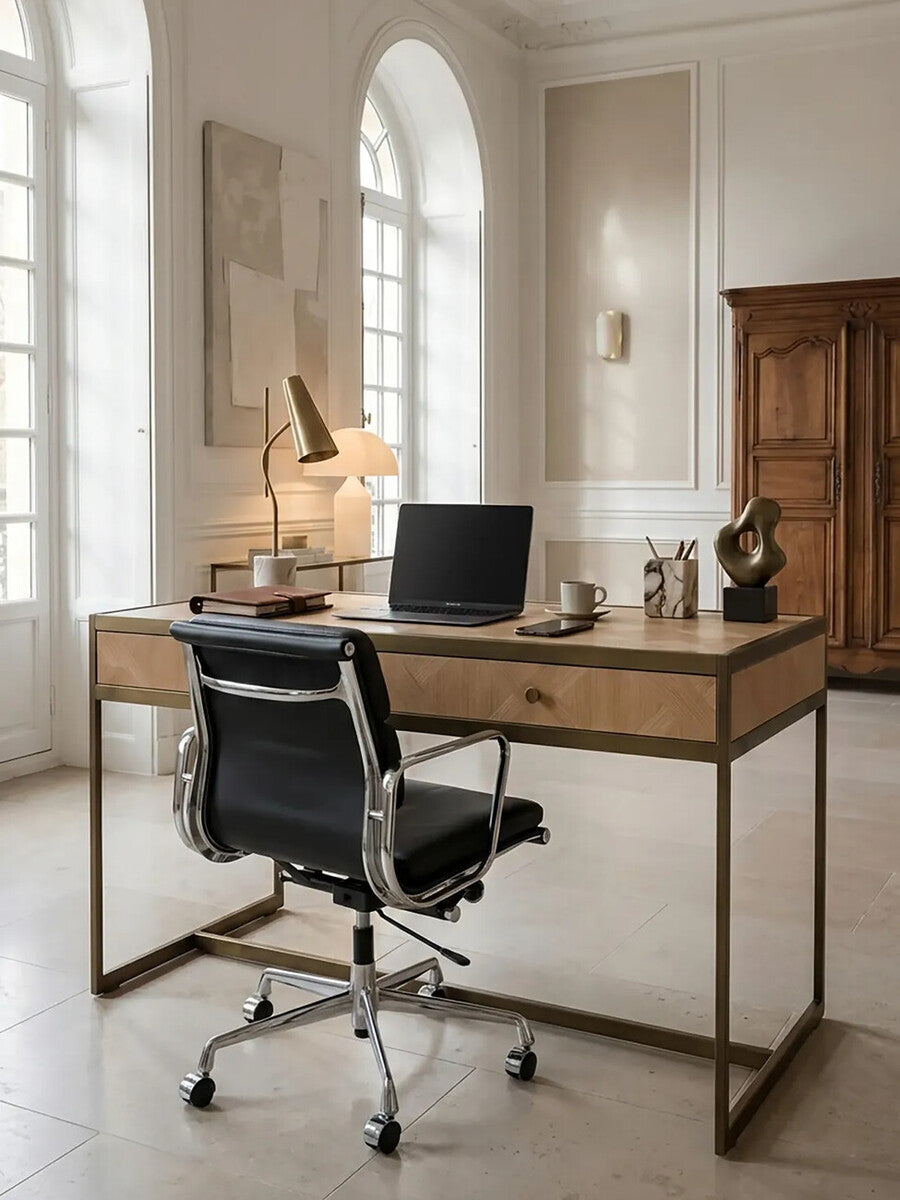 Orsina Grenoble Oak Veneer 2 Drawer Desk | Brushed Brass Frame