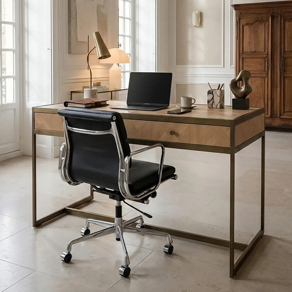 Orsina Grenoble Oak Veneer 2 Drawer Desk | Brushed Brass Frame