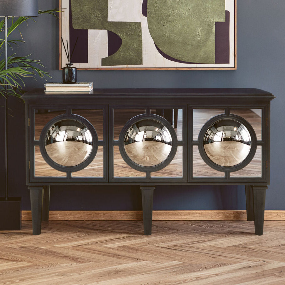 Orsina Telese Black Sideboard | Mirrored Lattice Modern Buffet