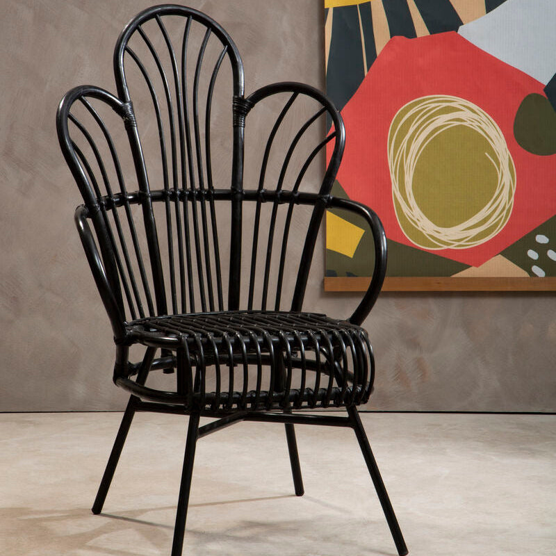 Orsina Java Black Rattan Scalloped Back Chair – Modern Metal Frame