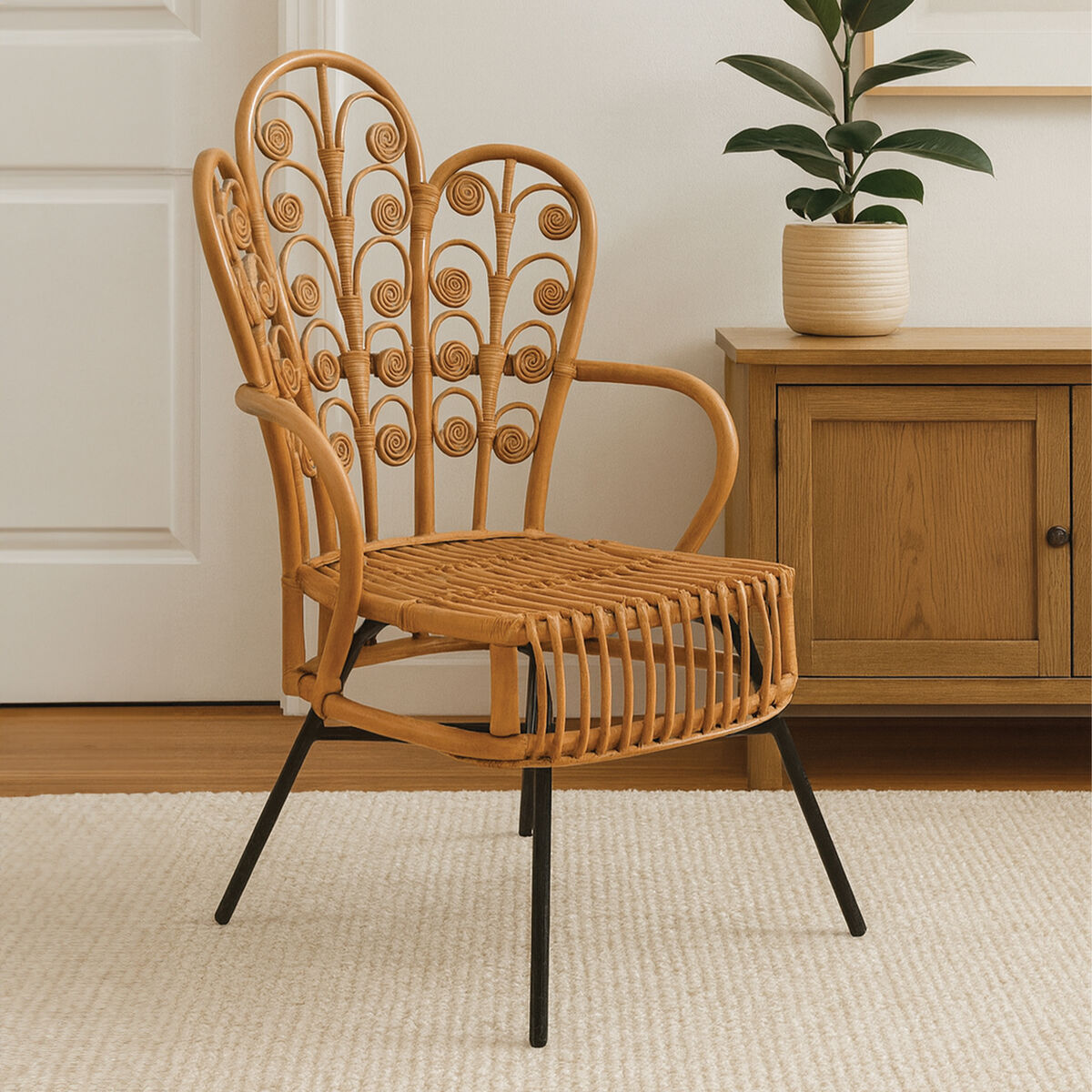 Orsina Java Natural Rattan Scalloped Back Accent Chair – Metal Base