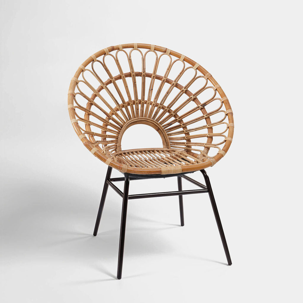 Orsina Java Natural Rattan Flared Back Accent Chair | Black Metal Frame