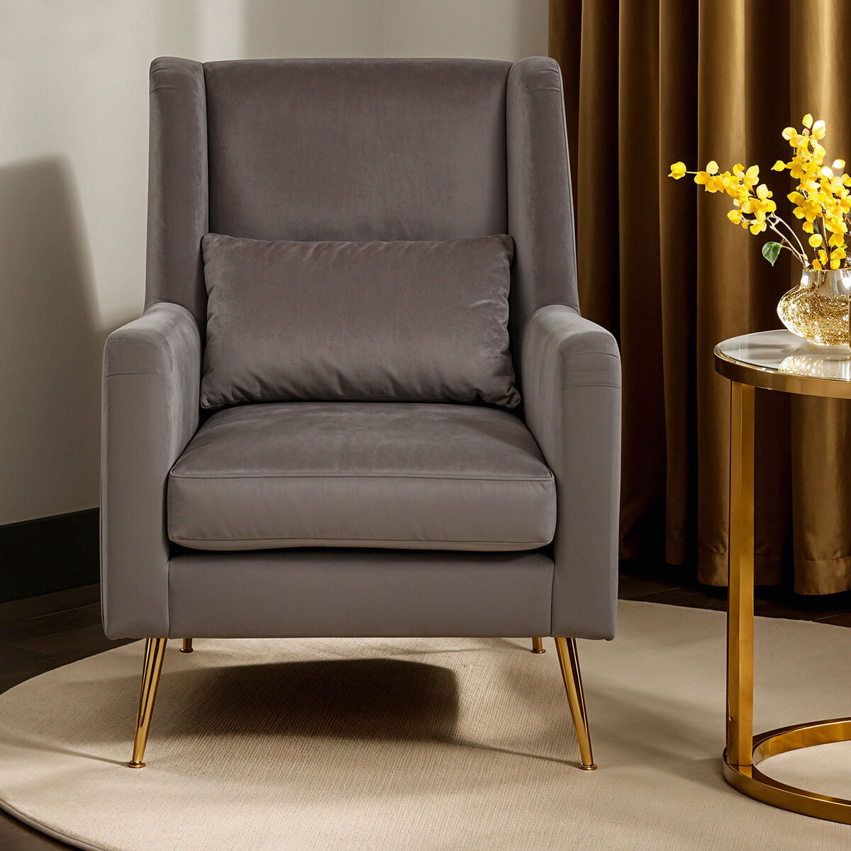 Orsina Doucet Grey Velvet Accent Chair with Gold Finish Legs