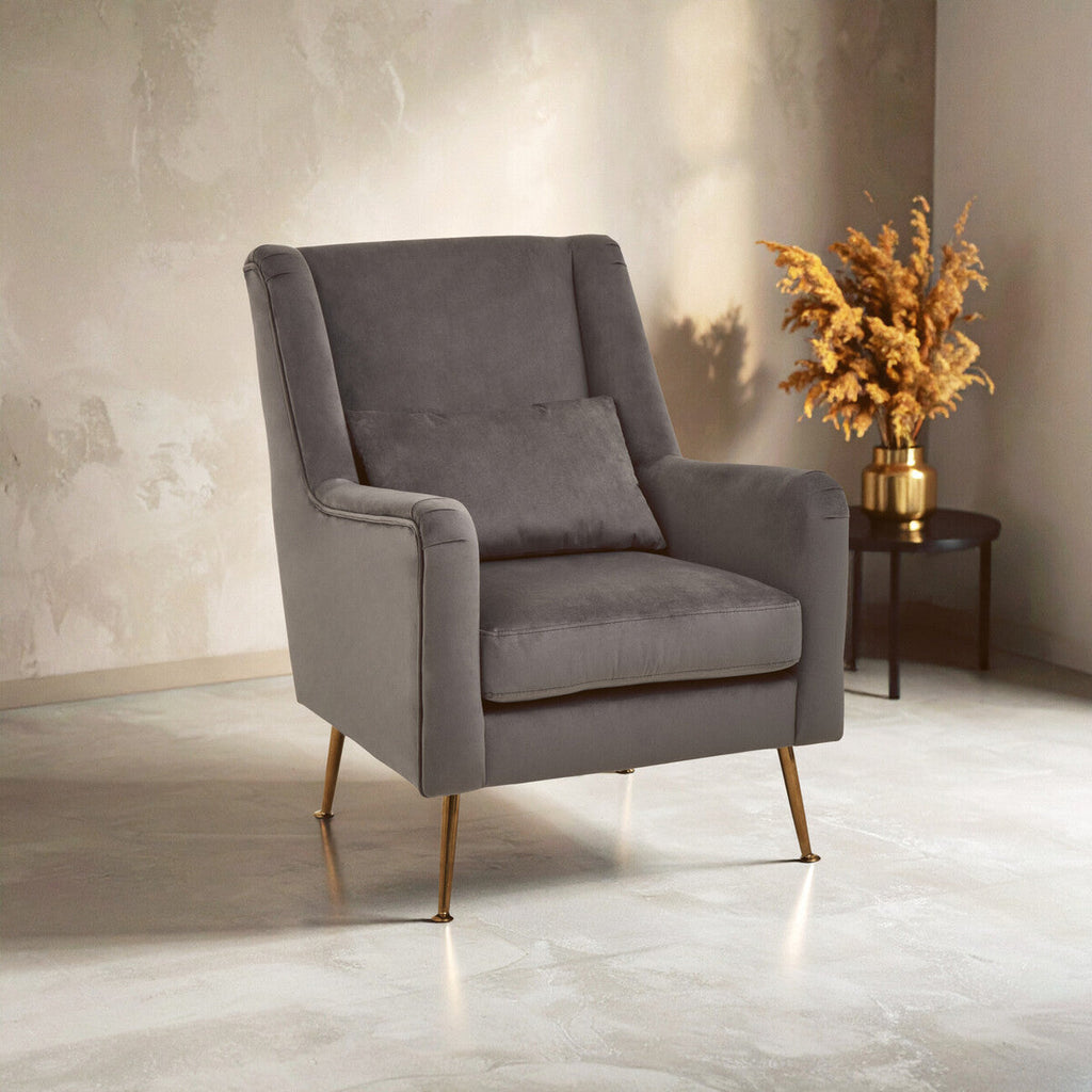 Orsina Doucet Grey Velvet Accent Chair with Gold Finish Legs