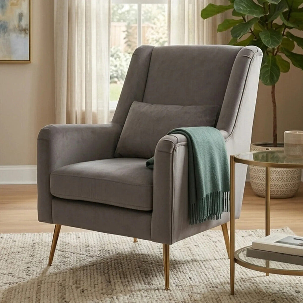 Orsina Doucet Grey Velvet Accent Chair with Gold Finish Legs