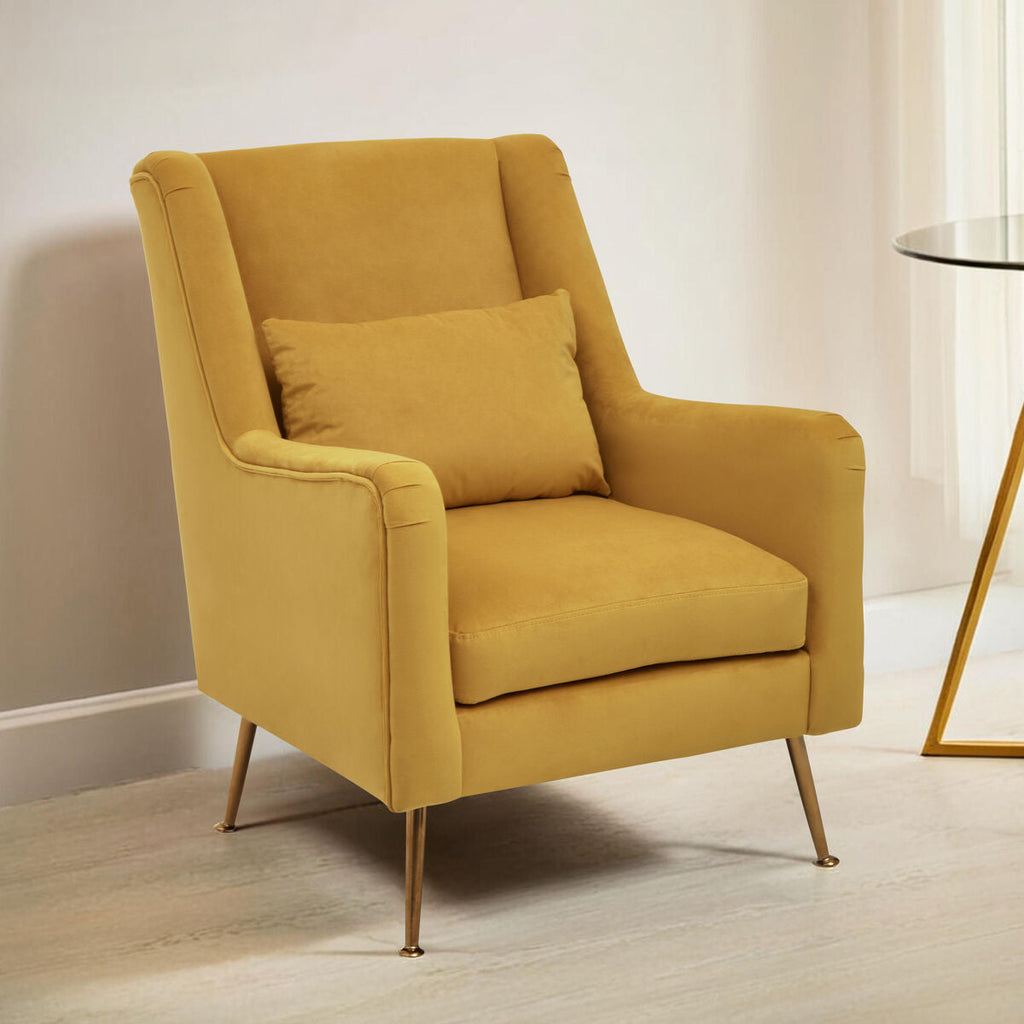 Orsina Yellow Velvet Accent Chair | Mid-Century Gold Finish Legs