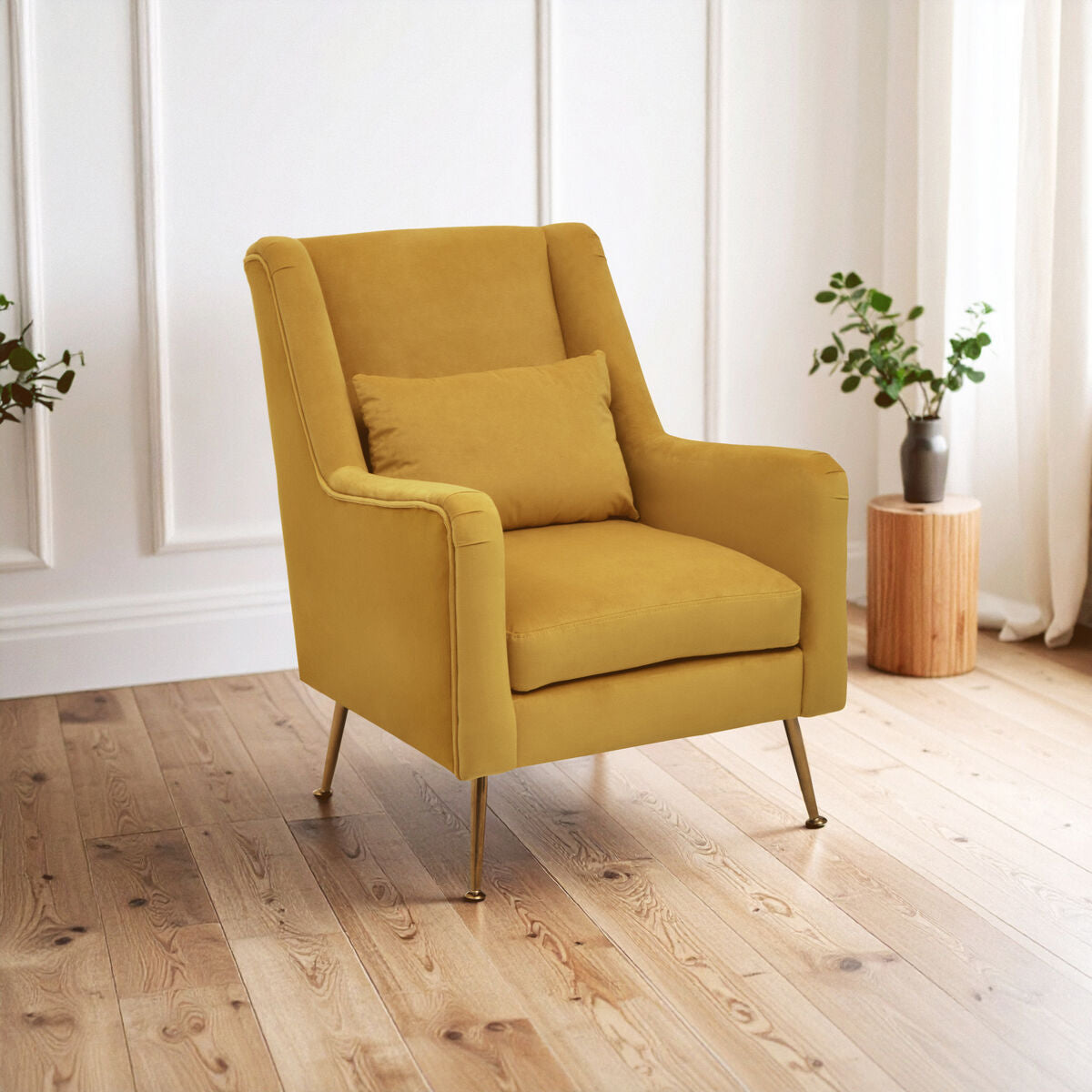 Orsina Yellow Velvet Accent Chair | Mid-Century Gold Finish Legs