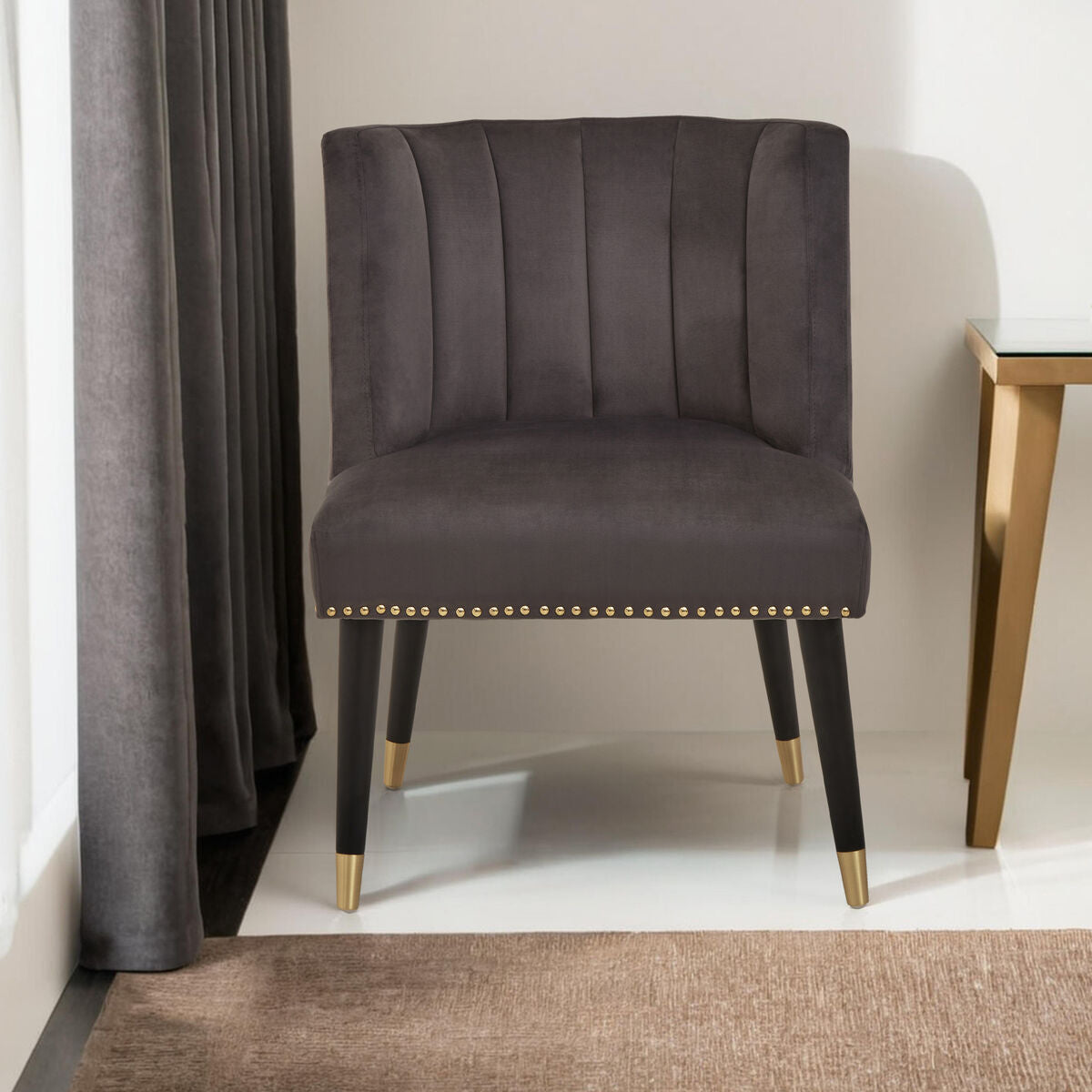 Orsina Doucet Grey Velvet Dining Chair | Mid-Century Black Legs
