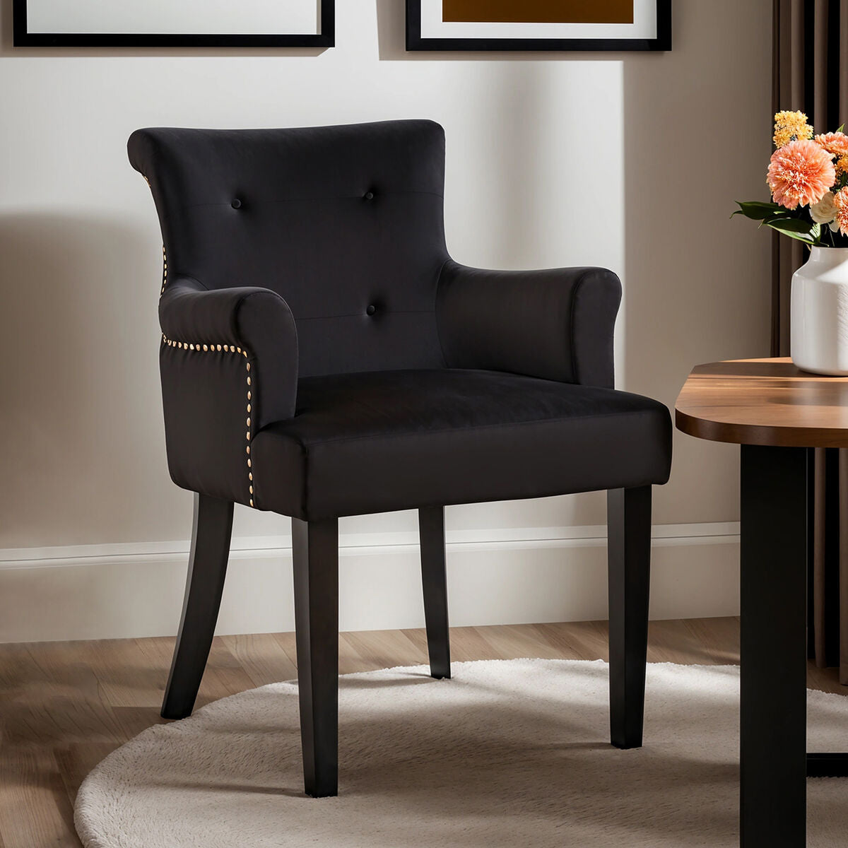 Orsina Doucet Black Velvet Dining Chair | Tufted Ring Back Accent Chair
