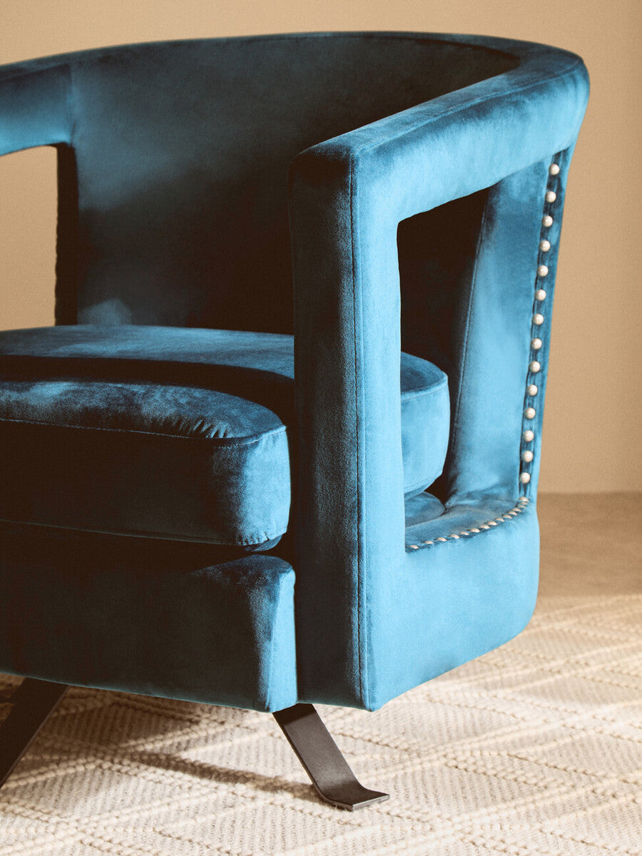 Orsina Hestia Blue Velvet Swivel Chair – Modern Studded Armchair