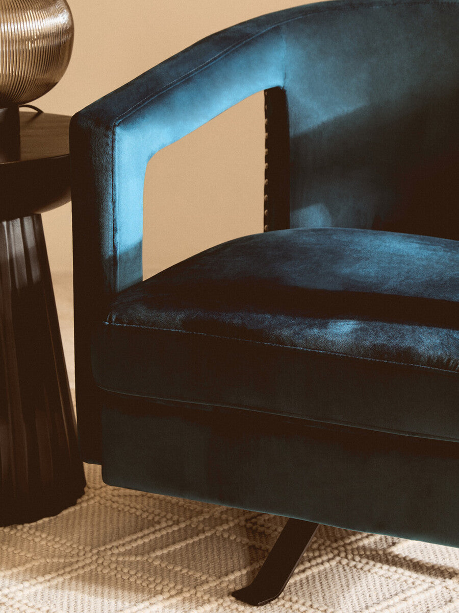 Orsina Hestia Blue Velvet Swivel Chair – Modern Studded Armchair