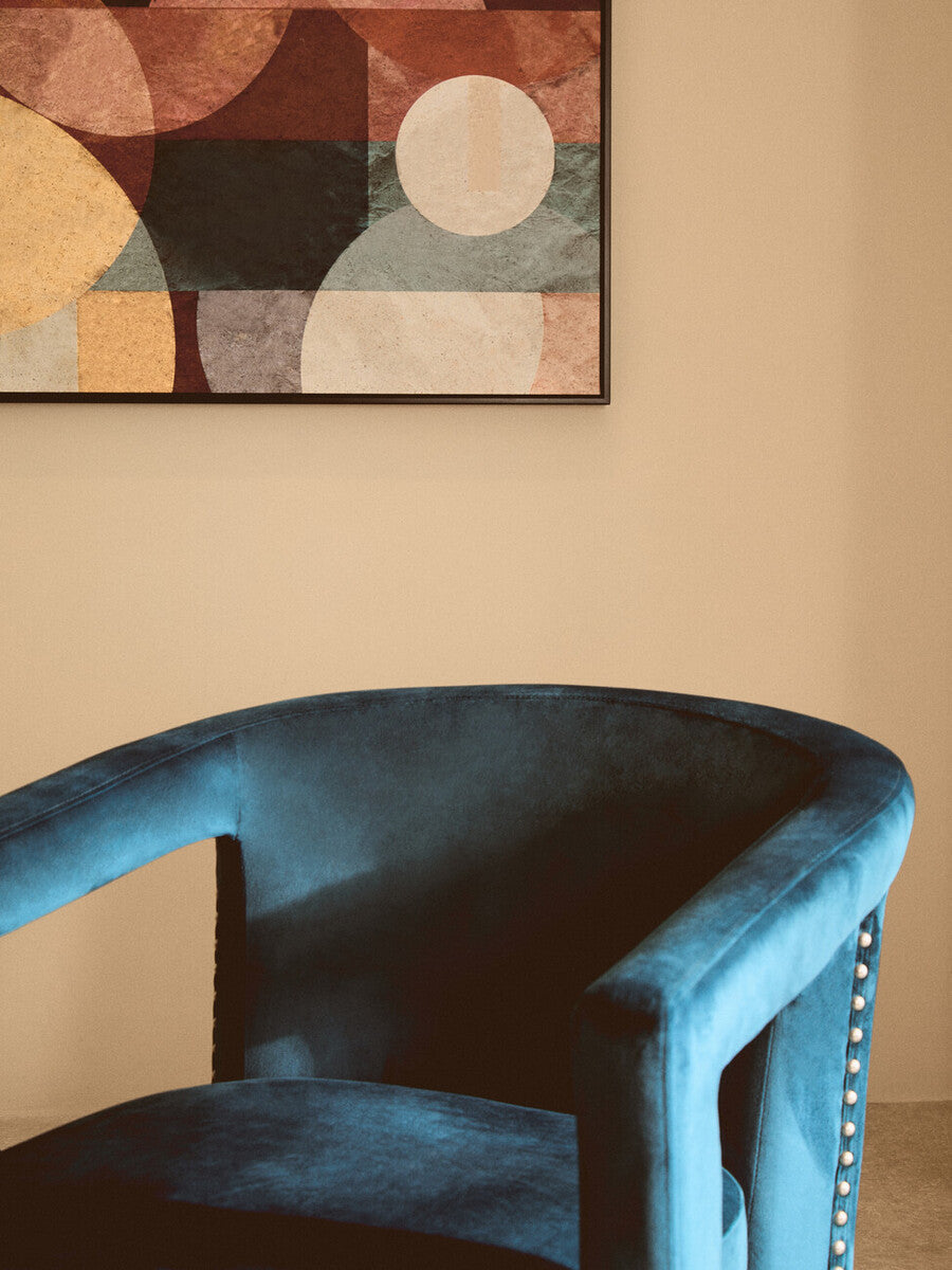 Orsina Hestia Blue Velvet Swivel Chair – Modern Studded Armchair