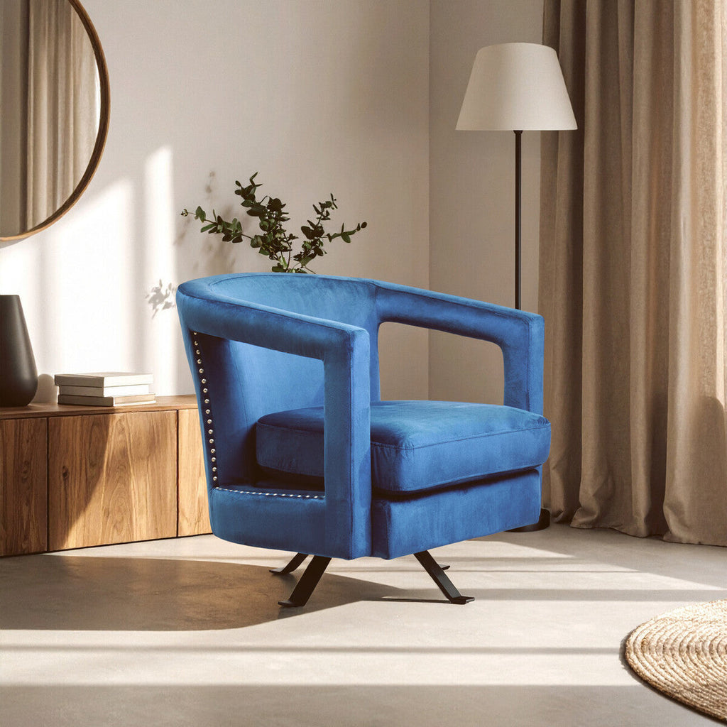 Orsina Hestia Blue Velvet Swivel Chair – Modern Studded Armchair