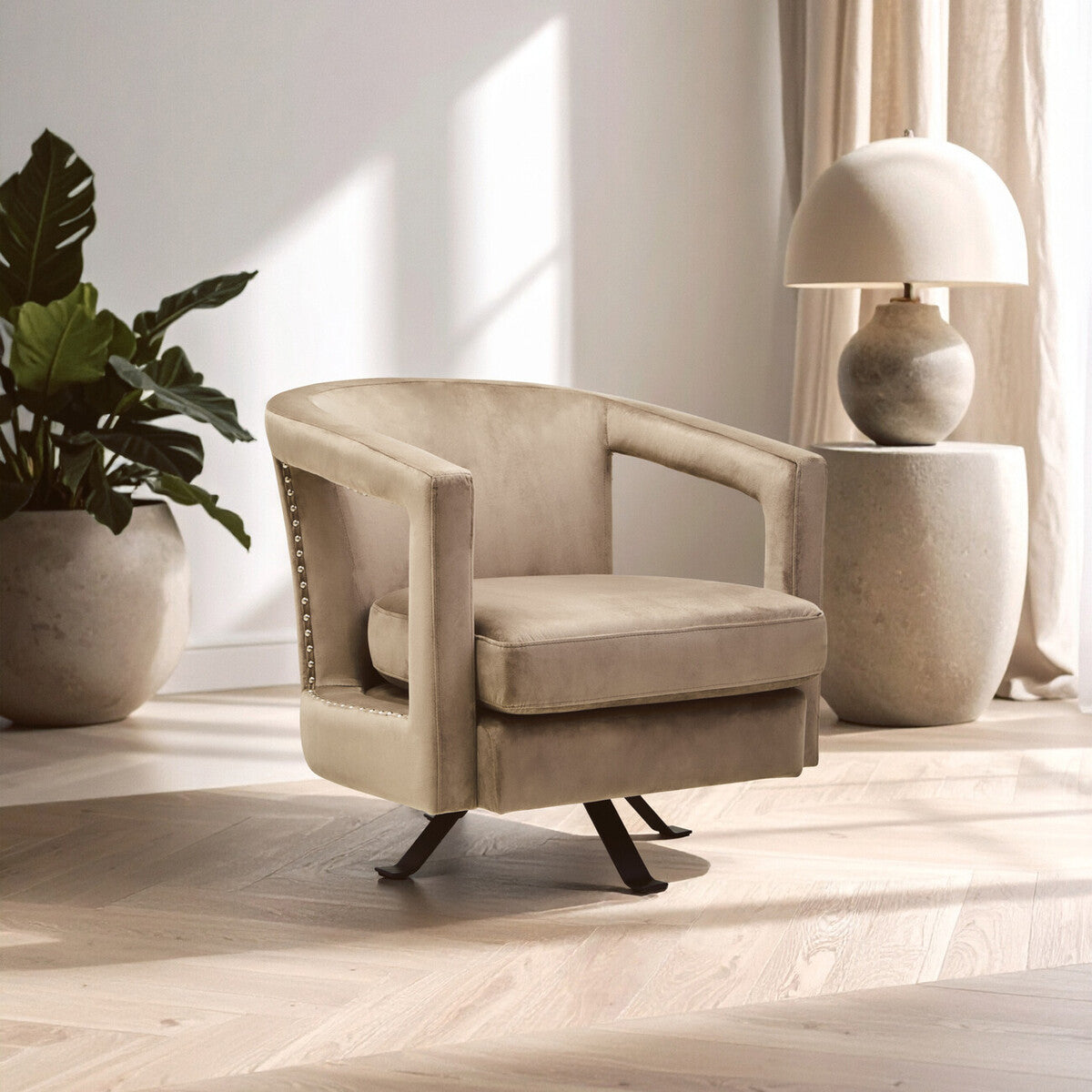 Orsina Hestia Mink Velvet Swivel Accent Chair with Stud Detail