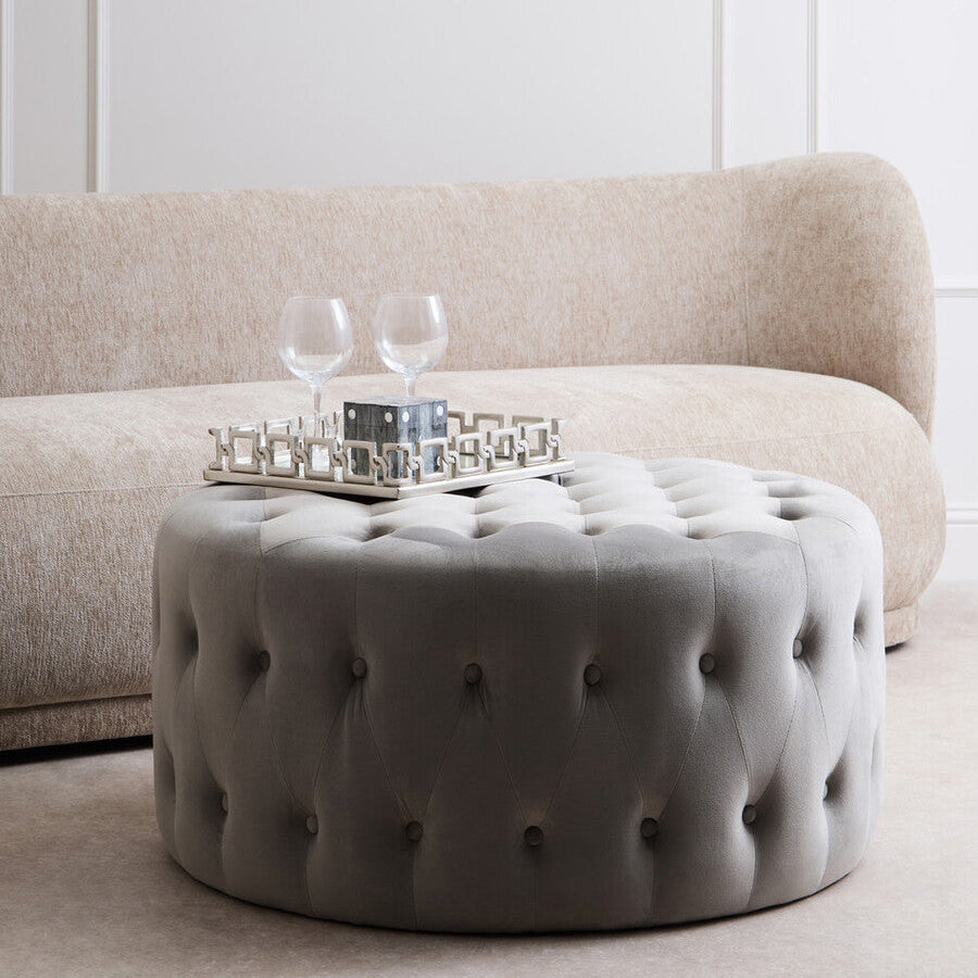 Orsina Haley Grey Velvet Round Tufted Footstool | Ottoman Seating