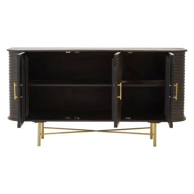Orsina Sojat Mango Wood Sideboard – Fluted 3-Door Cabinet with Brass Base
