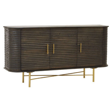 Orsina Sojat Mango Wood Sideboard – Fluted 3-Door Cabinet with Brass Base