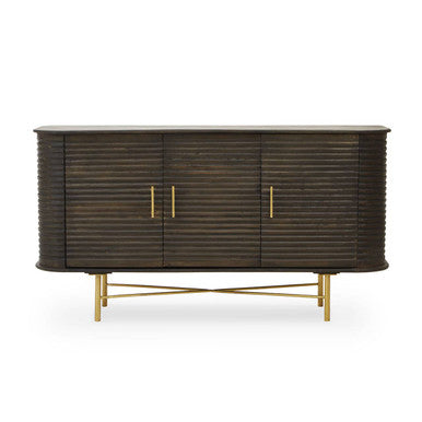 Orsina Sojat Mango Wood Sideboard – Fluted 3-Door Cabinet with Brass Base