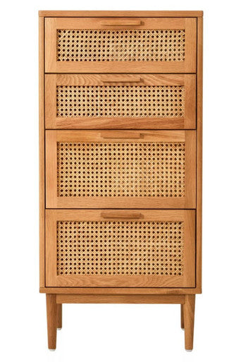 Orsina Lyon Rattan & Oak Wood Chest of 4 Drawers – Mid-Century Dresser