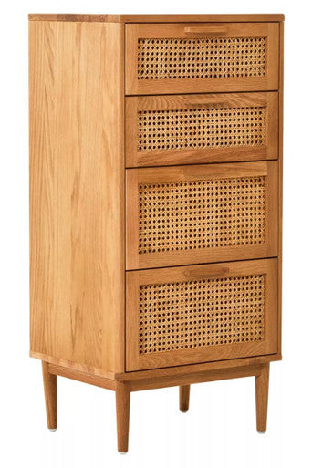 Orsina Lyon Rattan & Oak Wood Chest of 4 Drawers – Mid-Century Dresser