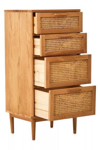 Orsina Lyon Rattan & Oak Wood Chest of 4 Drawers – Mid-Century Dresser