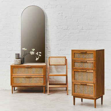 Orsina Lyon Rattan & Oak Wood Chest of 4 Drawers – Mid-Century Dresser