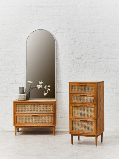 Orsina Lyon Rattan & Oak Wood Chest of 4 Drawers – Mid-Century Dresser