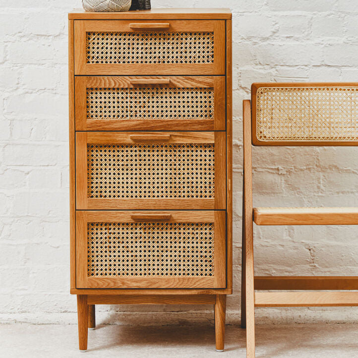 Orsina Lyon Rattan & Oak Wood Chest of 4 Drawers – Mid-Century Dresser