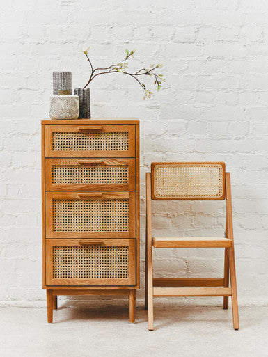 Orsina Lyon Rattan & Oak Wood Chest of 4 Drawers – Mid-Century Dresser