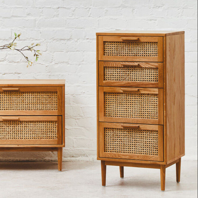 Orsina Lyon Rattan & Oak Wood Chest of 4 Drawers – Mid-Century Dresser