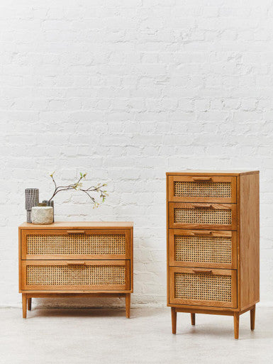 Orsina Lyon Rattan & Oak Wood Chest of 4 Drawers – Mid-Century Dresser