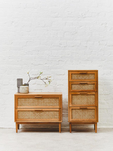 Orsina Lyon Rattan & Oak Wood Chest of 4 Drawers – Mid-Century Dresser